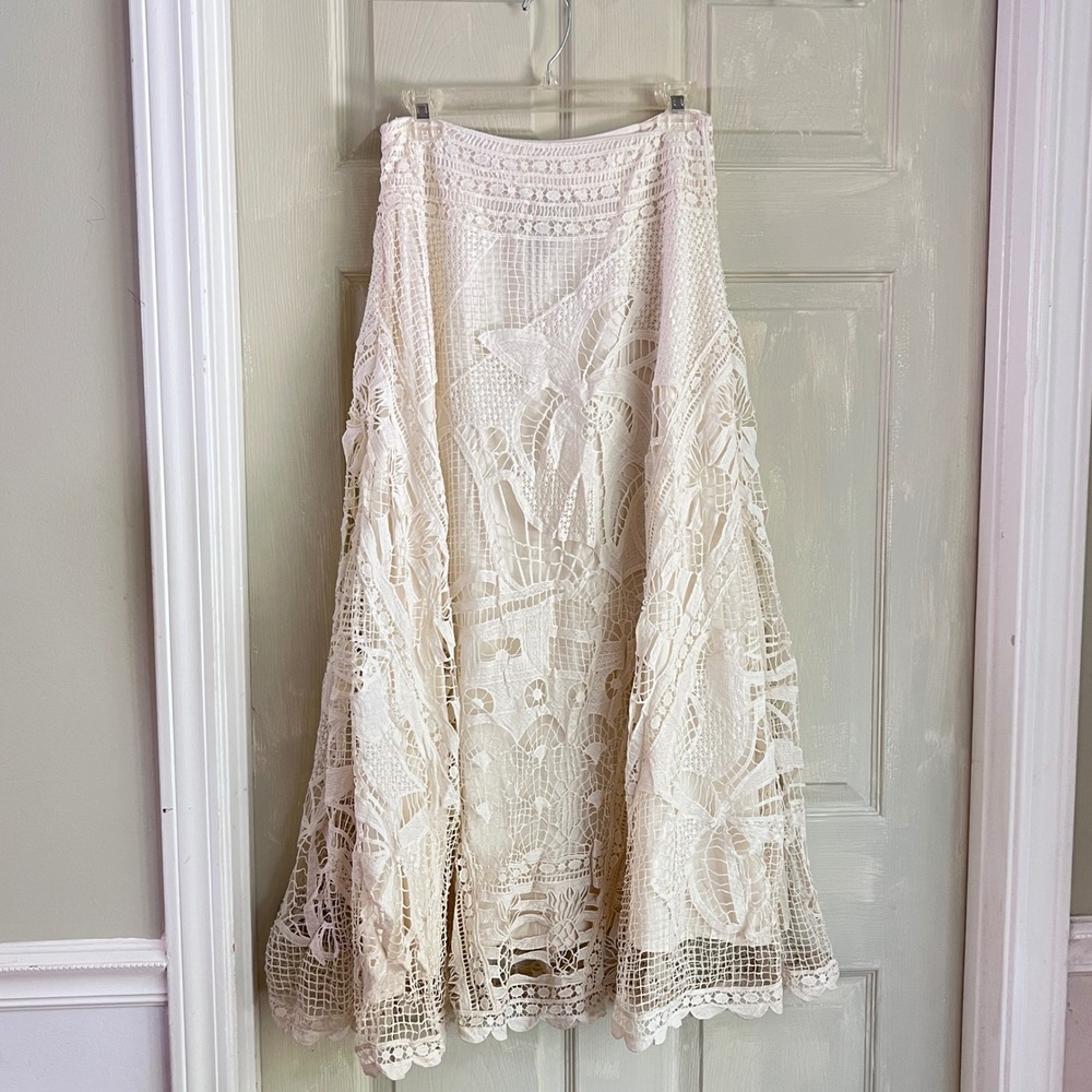 Farm Rio Maxi Skirt S Womens Guipure Lace Butterfly Off White Boho Romantic - Picture 9 of 15